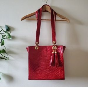 Stuart Weitzman Red Snakeskin Square Shoulder Bag Gold Hardware